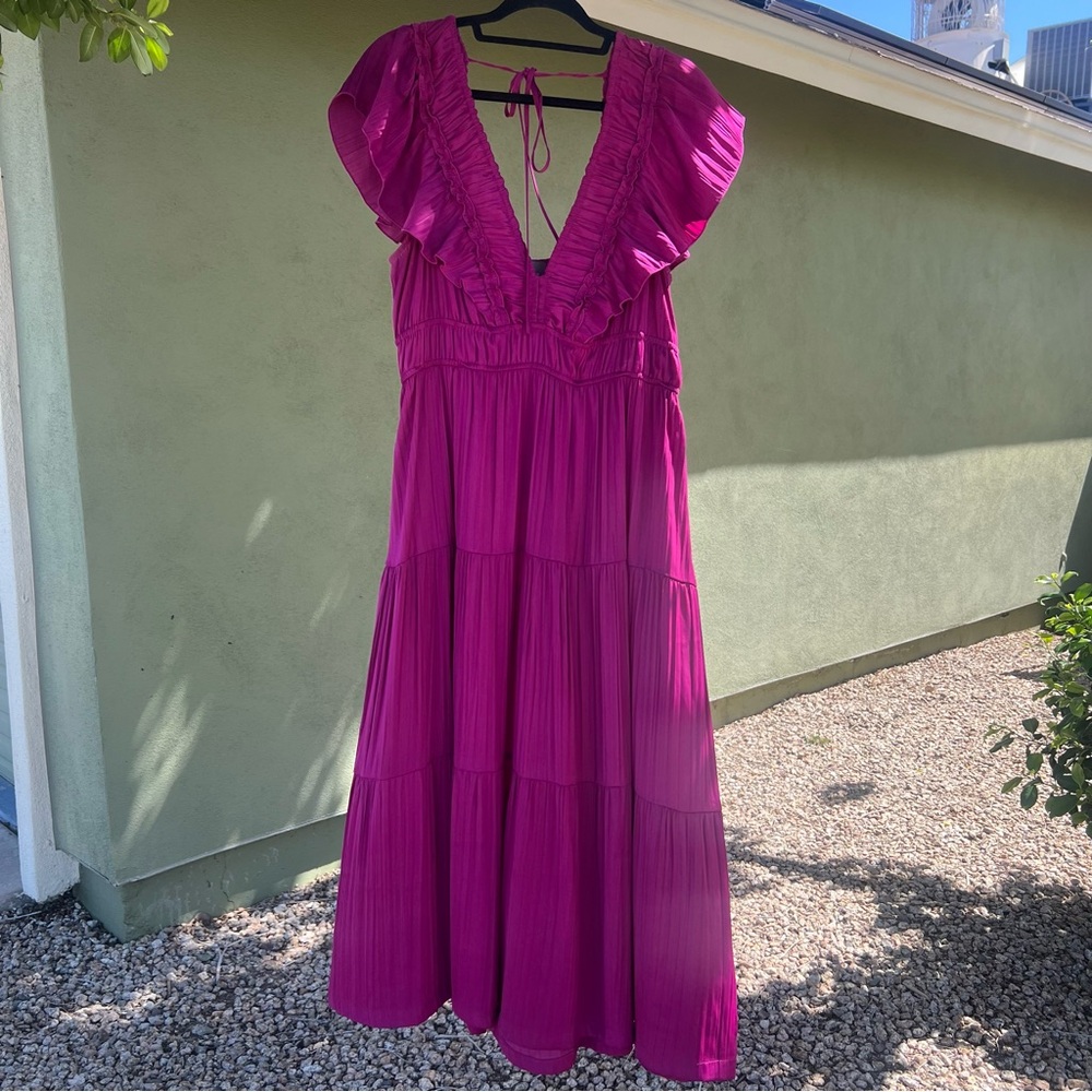 Anthropology Women's Pink/Fuchsia Ruffled Long Dress Size: L